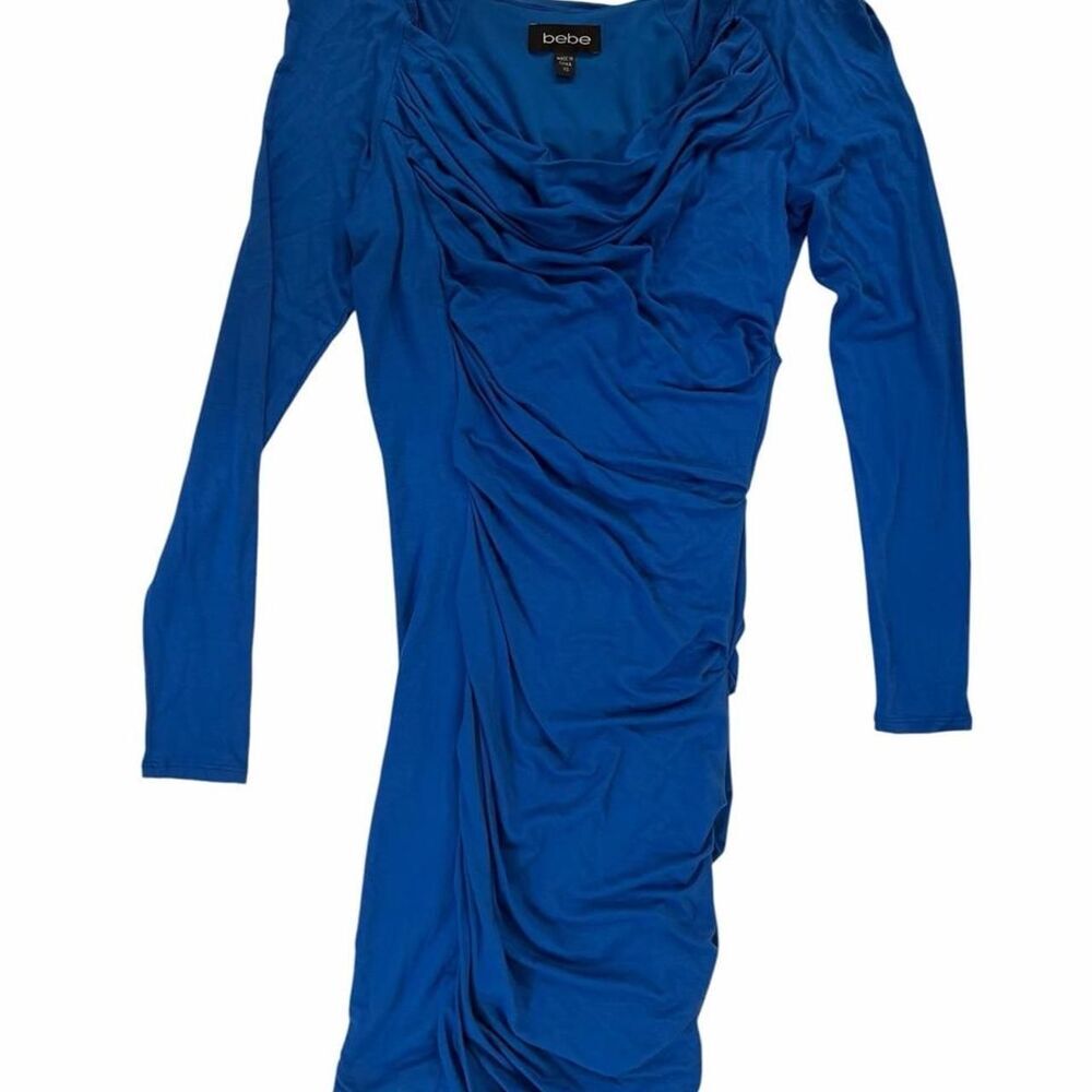 Bebe blue long sleeve mini dress with ruched detailing